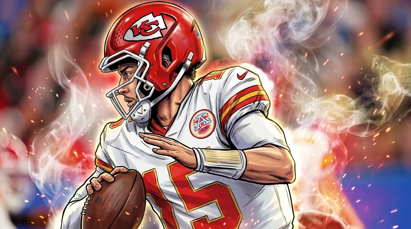 Comic-style illustration of Patrick Mahomes in a white Chiefs road jersey, mid-motion gripping a football, with a smoke-and-sparks effect around him.