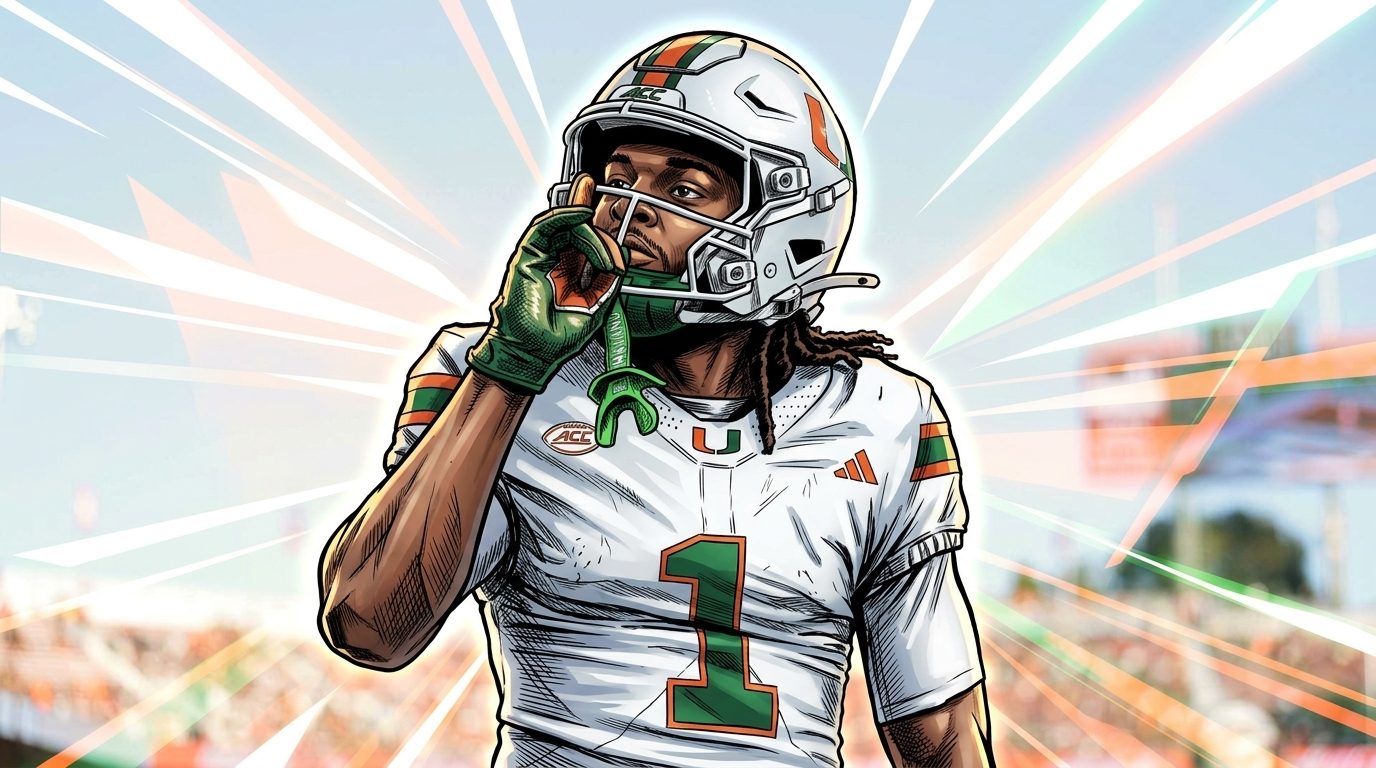 Comic-style illustration of Malachi Toney in a Miami Hurricanes jersey, number 1, with geometric light streaks radiating behind him