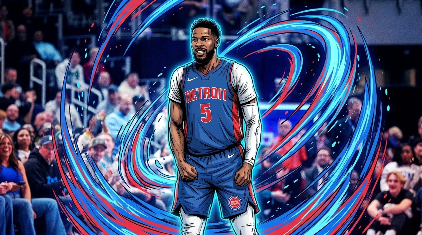 Comic-style illustration of Malik Beasley in a Detroit Pistons jersey with a red and blue shockwave effect against an arena crowd