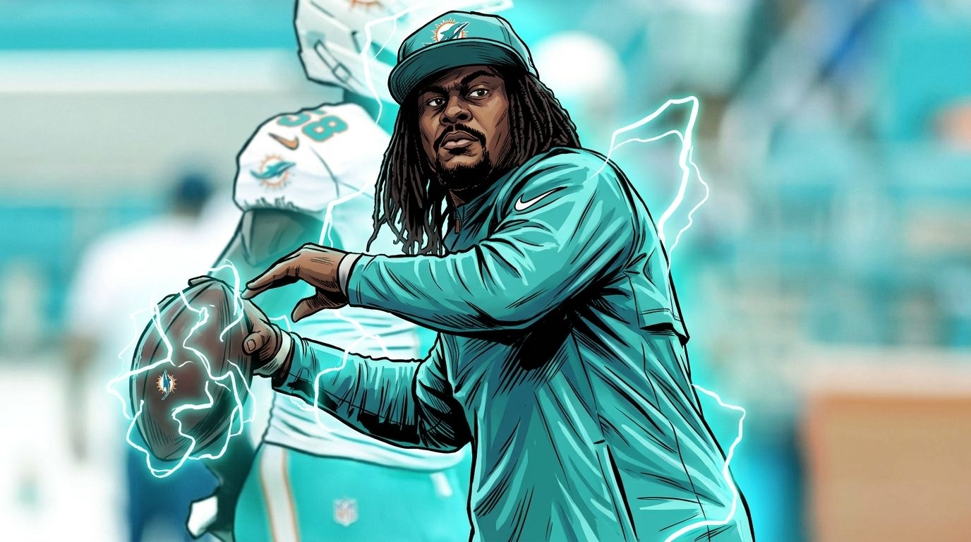 Comic-style illustration of Malik Willis in a teal Dolphins pullover throwing a pass, with an electric-energy lightning effect against a stadium sideline background