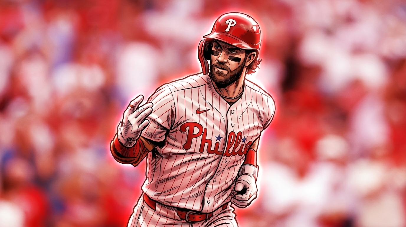 Bryce Harper of the Philadelphia Phillies celebrating in comic book style with neon rim glow effect