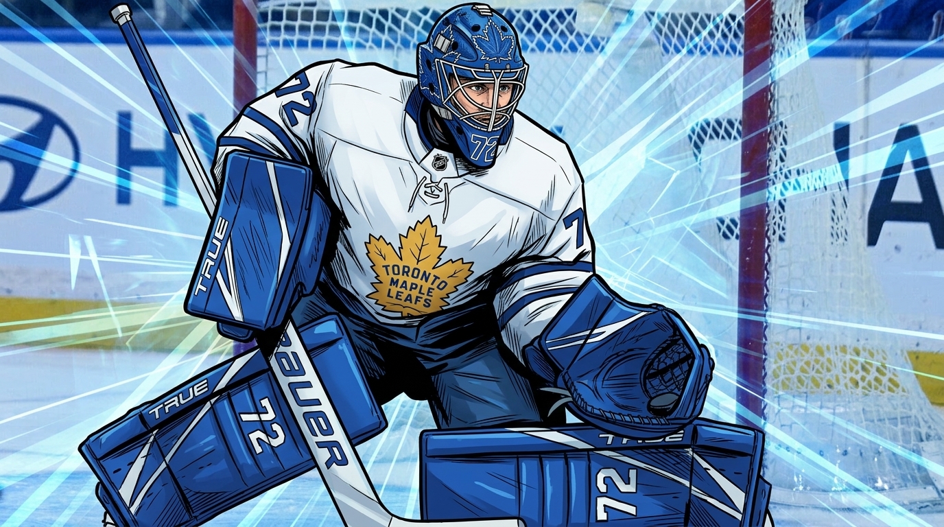 Sergei Bobrovsky in Toronto Maple Leafs gear in Marvel comic book style with geometric light streaks