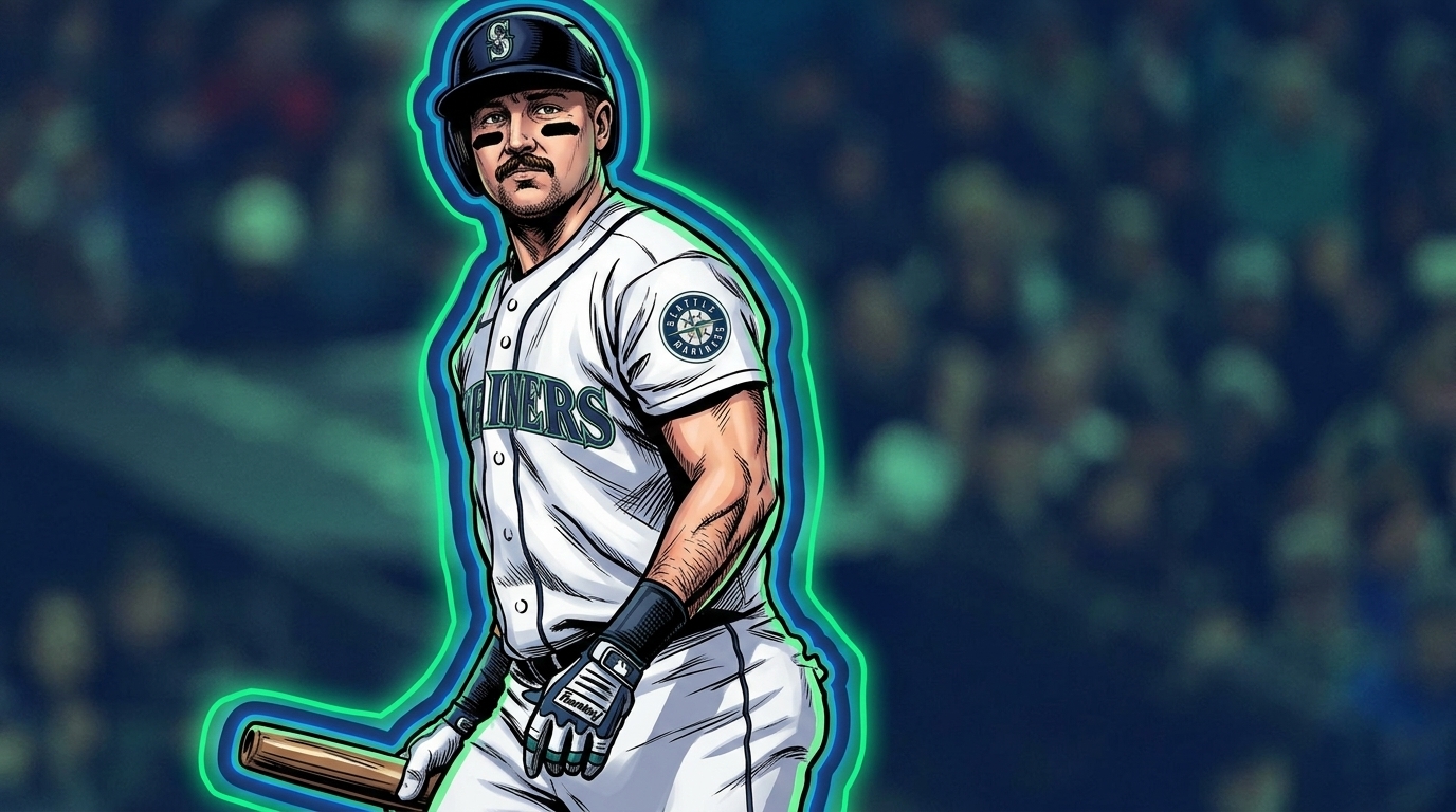 Comic-style illustration of Cal Raleigh in Mariners home whites with a neon rim glow effect.