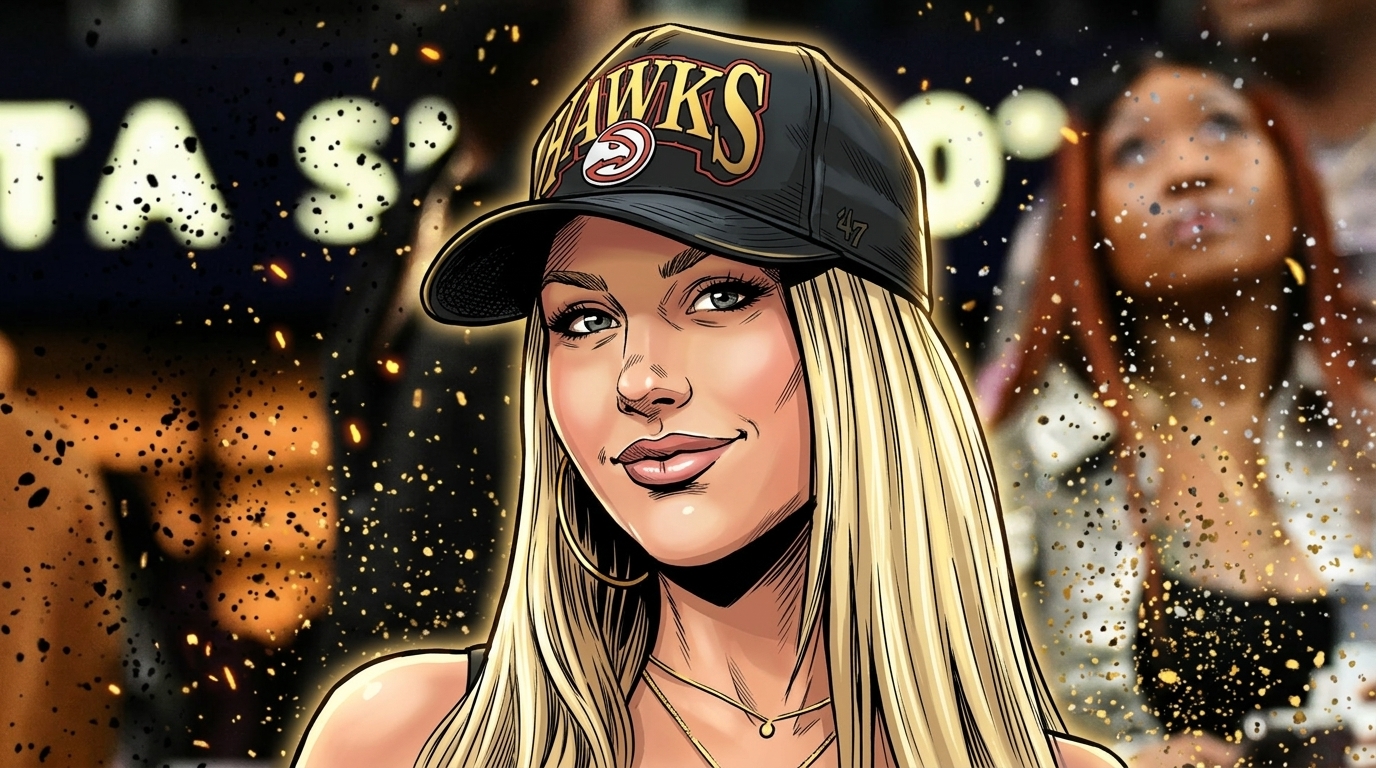 Comic-style illustration of Marissa Ayers in a black Atlanta Hawks cap and gold jewelry courtside, glowing gold particle field of embers around her silhouette against a blurred crowd background
