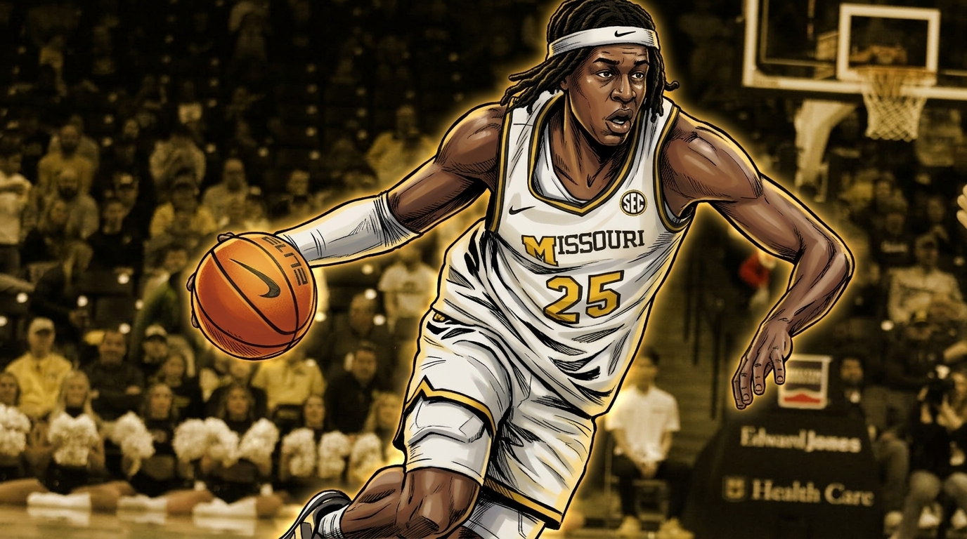 Comic-style illustration of Mark Mitchell driving to the basket in a Missouri Tigers jersey