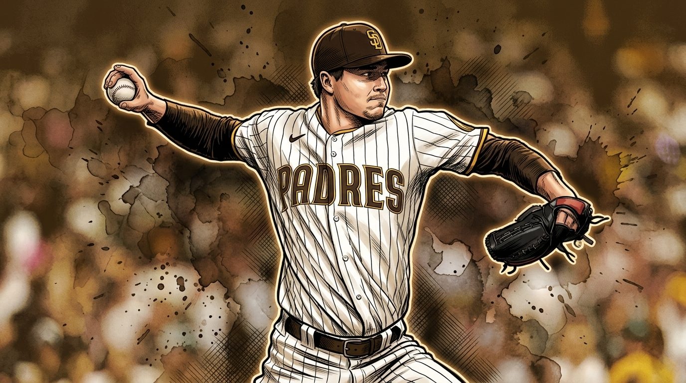 Mason Miller of the San Diego Padres rendered in comic book style, mid-windup in his home white pinstripe jersey, outlined against a brown-and-gold ink wash crowd backdrop