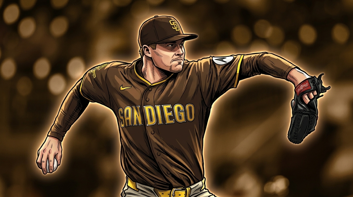 Mason Miller mid-delivery in a comic-styled illustration for Swipe Sports' Mason Miller trade credibility-gap story