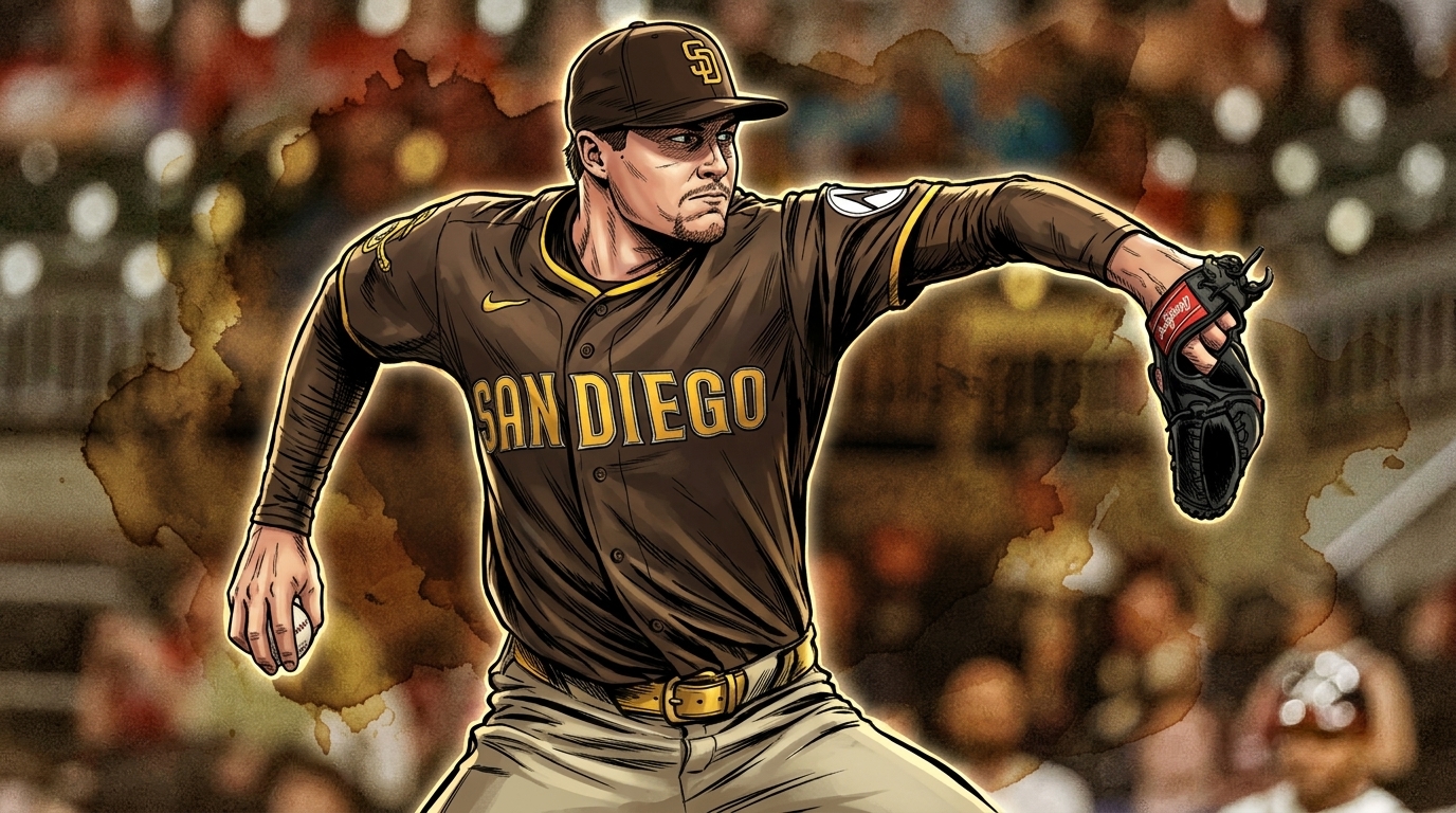Mason Miller rendered as a comic book illustration mid-pitch in his brown San Diego Padres jersey, with an ink wash and watercolor bleed effect -- Swipe Sports