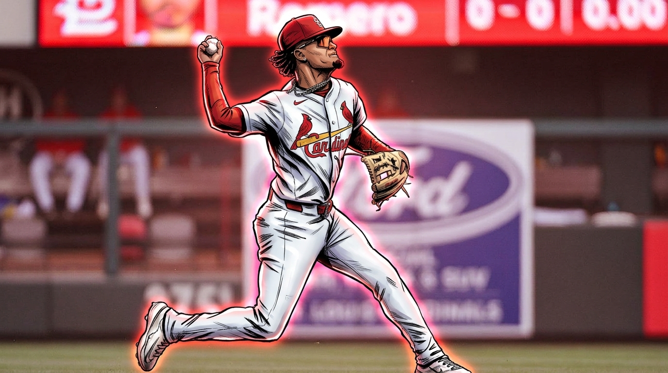 Comic-style illustration of Masyn Winn in a white Cardinals jersey mid-air on a jump throw, red neon rim glow effect against a Busch Stadium background