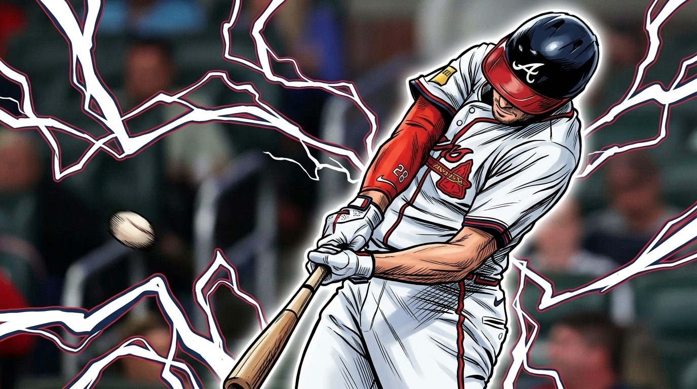 Comic-style illustration of Matt Olson mid-swing in an Atlanta Braves home white uniform with red batting sleeve, electric-energy lightning bolts framing a blurred stadium background