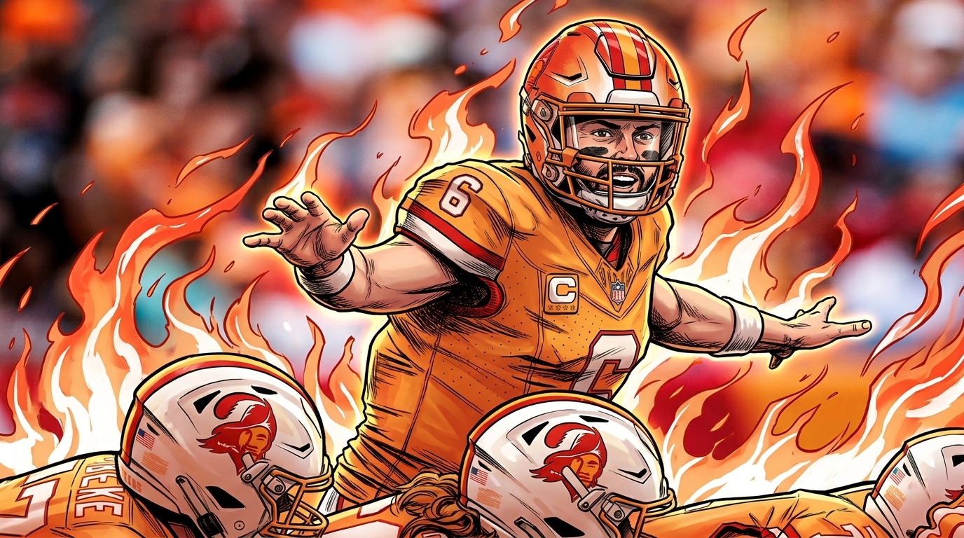 Comic-style illustration of Buccaneers quarterback Baker Mayfield in orange Creamsicle throwback jersey with flame effect