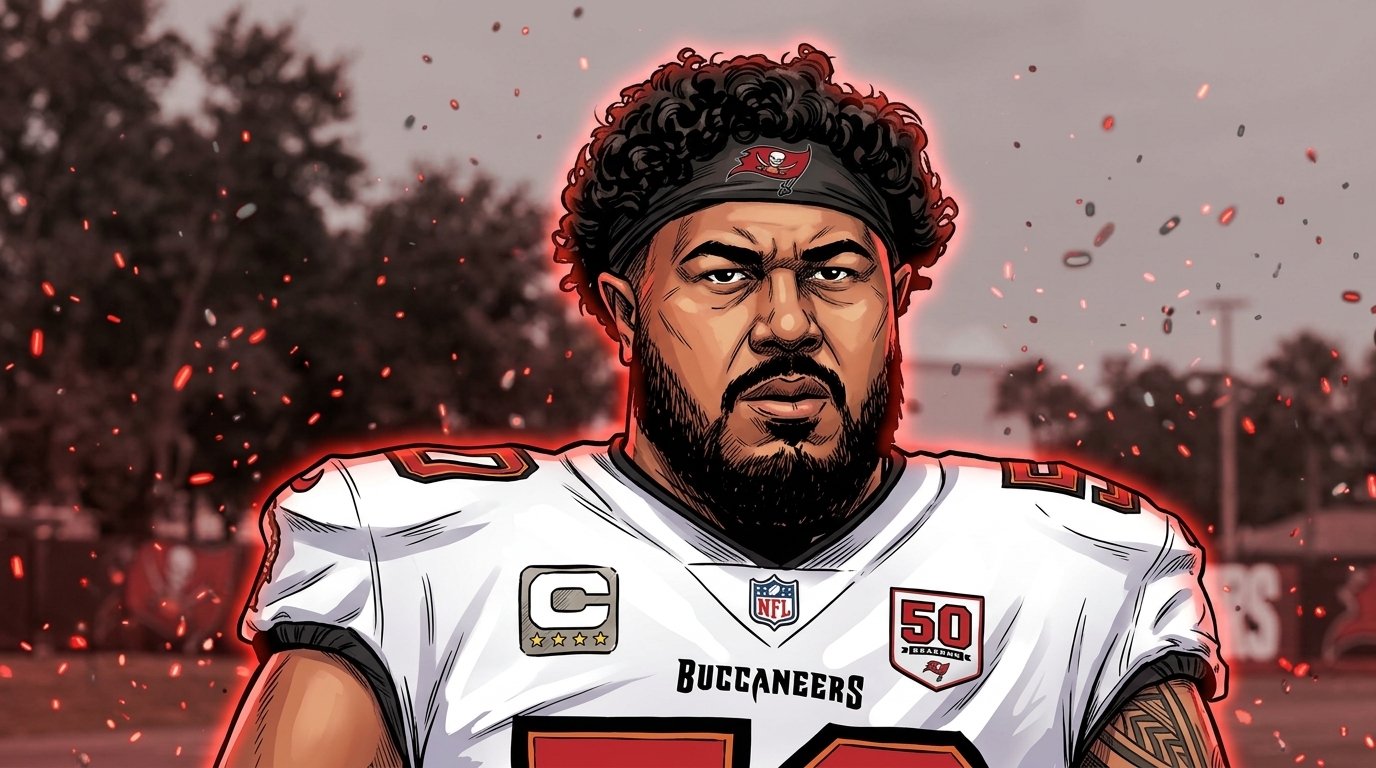 Comic-style illustration of Buccaneers defensive tackle Vita Vea in white jersey with red particle effect