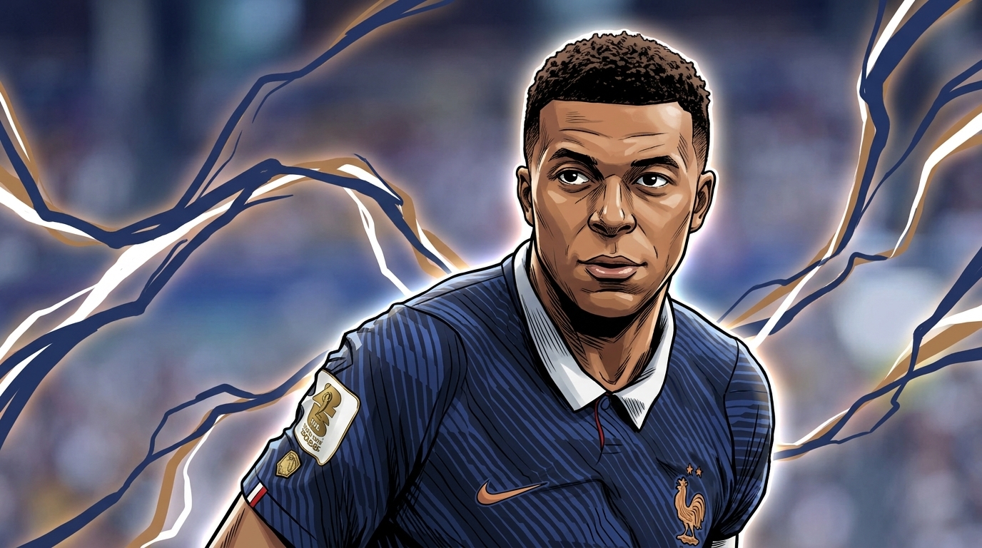 Comic-style illustration of Kylian Mbappe during the World Cup bronze medal match
