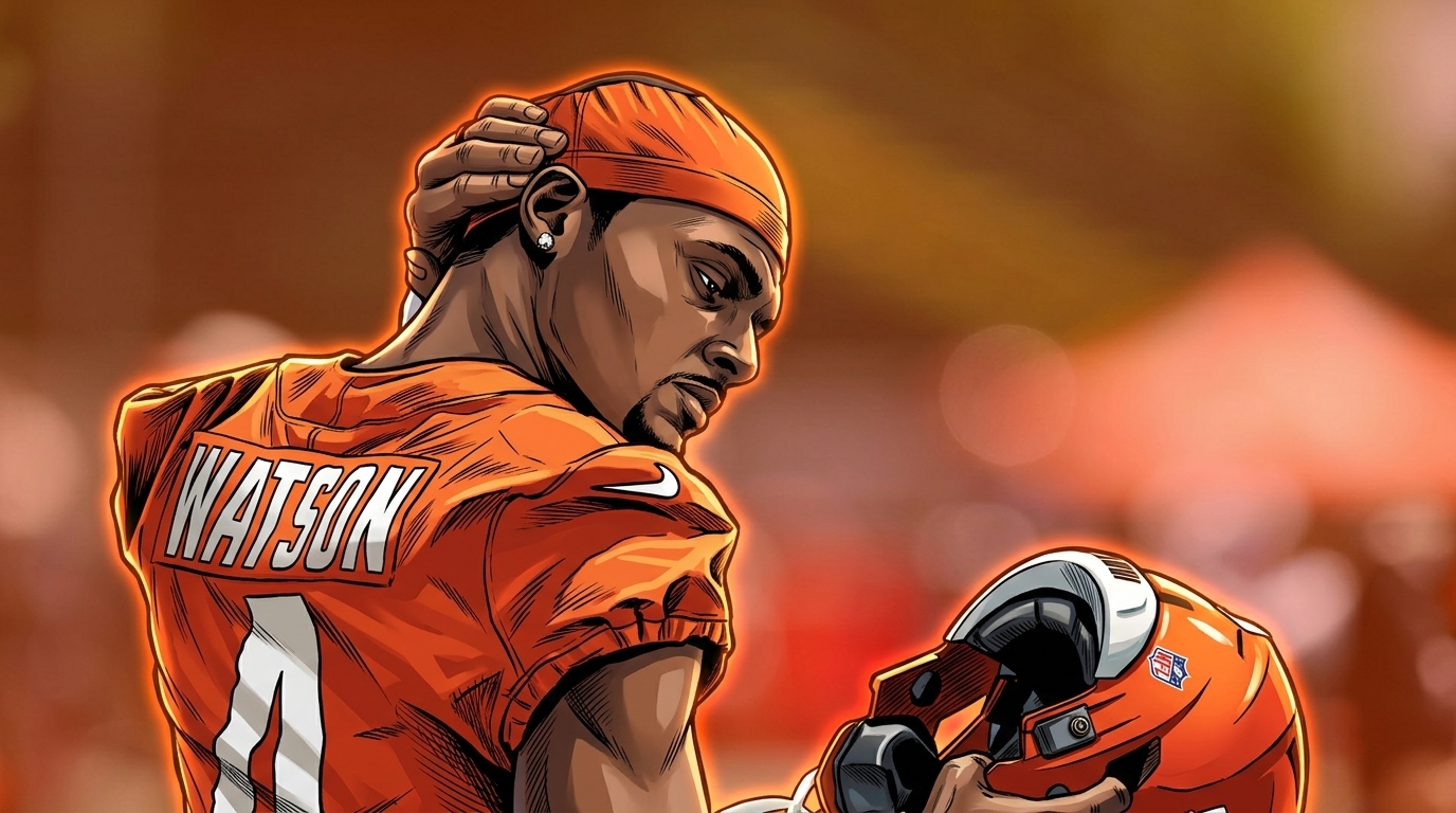 Deshaun Watson in an orange Browns practice jersey holding his helmet, looking down before practice