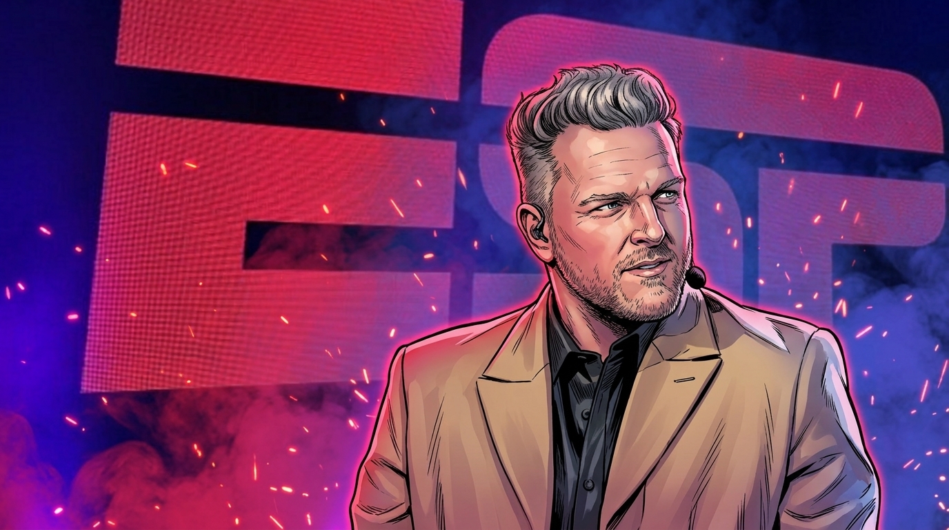 Comic-style illustration of Pat McAfee in a tan blazer with a headset mic, standing in front of a glowing ESPN logo on stage