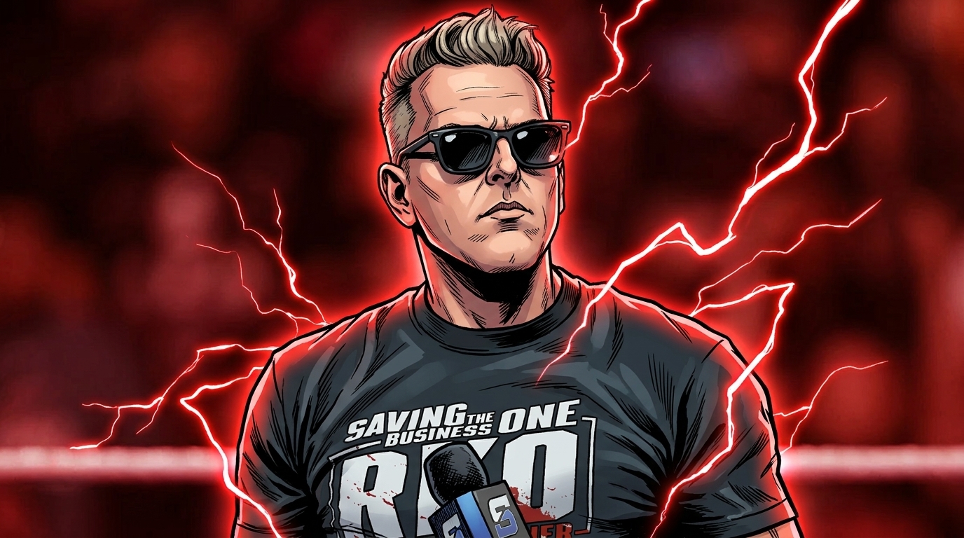 Comic-style illustrated portrait of Pat McAfee wearing sunglasses, red electric energy lightning effect background