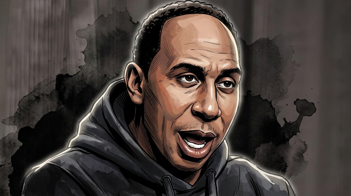 Comic-style illustrated portrait of Stephen A. Smith speaking, ink wash background effect