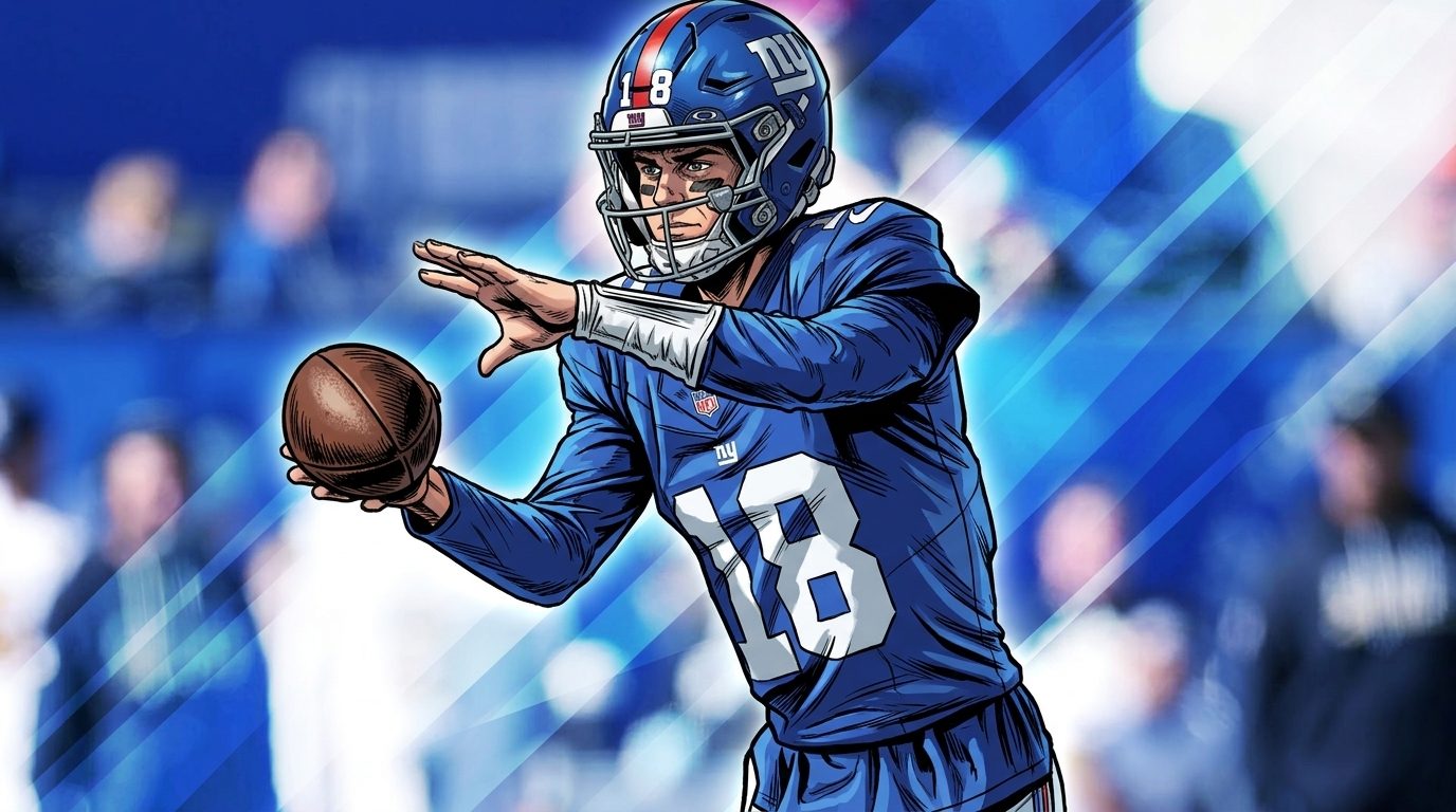 Comic-style illustration of J.J. McCarthy in a New York Giants jersey catching a snap, with a blue geometric light-streak effect