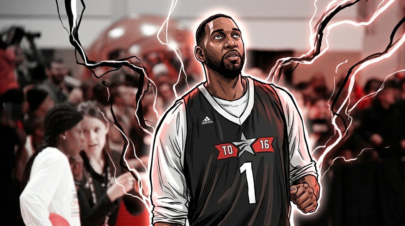Comic-style illustration of Tracy McGrady in a black 'TO16' All-Star Weekend practice jersey, electric energy lightning effect surrounding him against a blurred arena crowd background