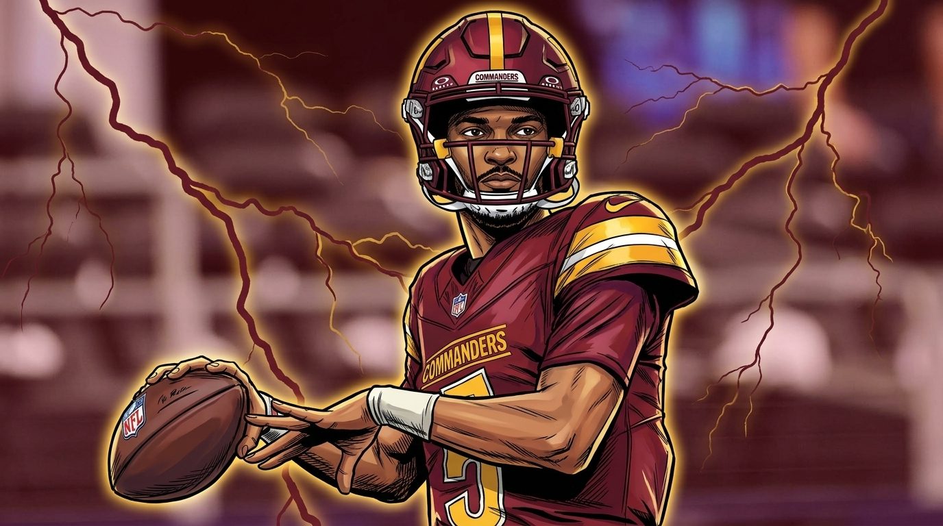 Comic-style illustration of Jayden Daniels in a Commanders jersey dropping back to pass with a maroon and gold storm/lightning effect