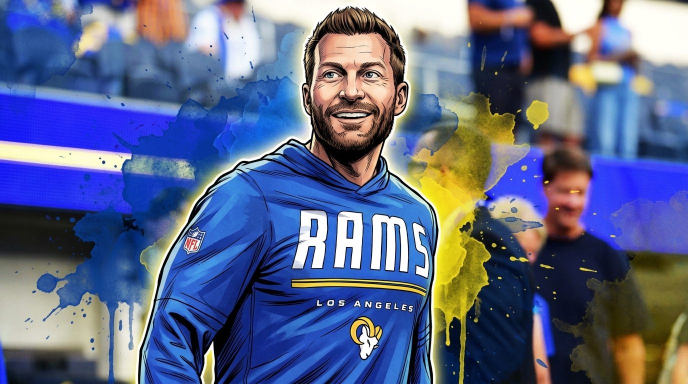 Comic-style illustration of Sean McVay smiling on the Rams sideline