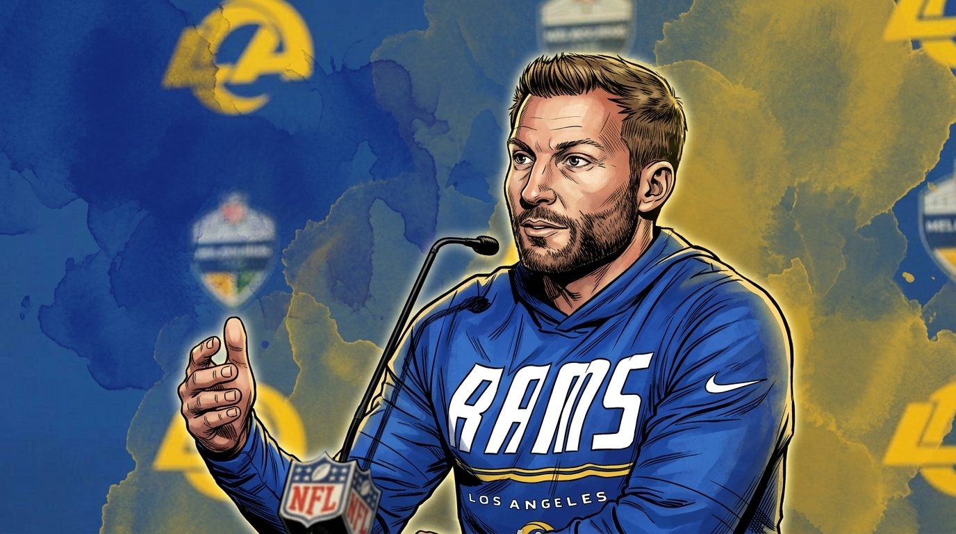 Comic-style illustration of Sean McVay gesturing mid-answer at a Los Angeles Rams press conference in a blue Rams hoodie, blue and gold ink wash / watercolor bleed effect over the Melbourne game backdrop