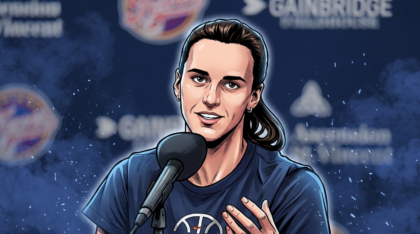 Comic-style illustrated portrait of Caitlin Clark speaking into a podium microphone in a navy Nike shirt, with blue smoke-and-spark effects over a blurred sponsor backdrop