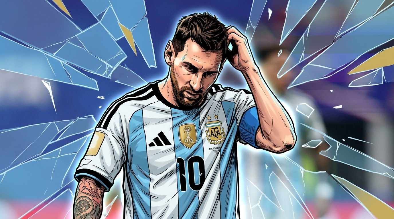 Lionel Messi in Argentina light blue and white jersey in comic book illustration style with shattered glass effect