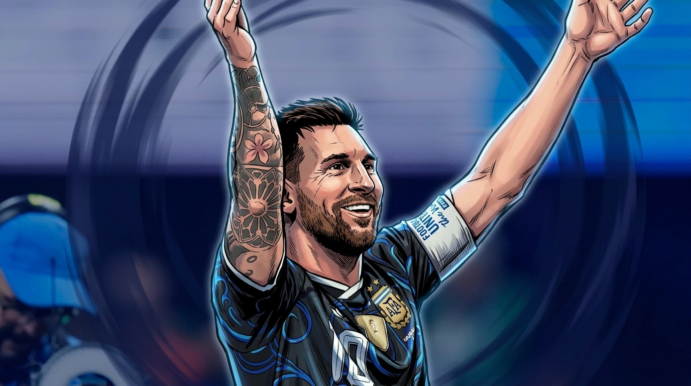 Lionel Messi arms raised in celebration, Marvel comic book style with shockwave effect, Argentina special edition jersey