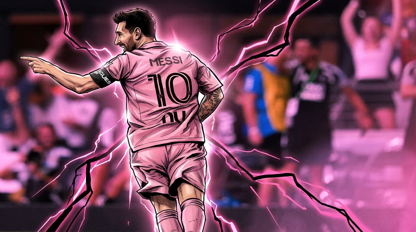 Comic-style illustration of Lionel Messi celebrating and pointing in a pink Inter Miami kit