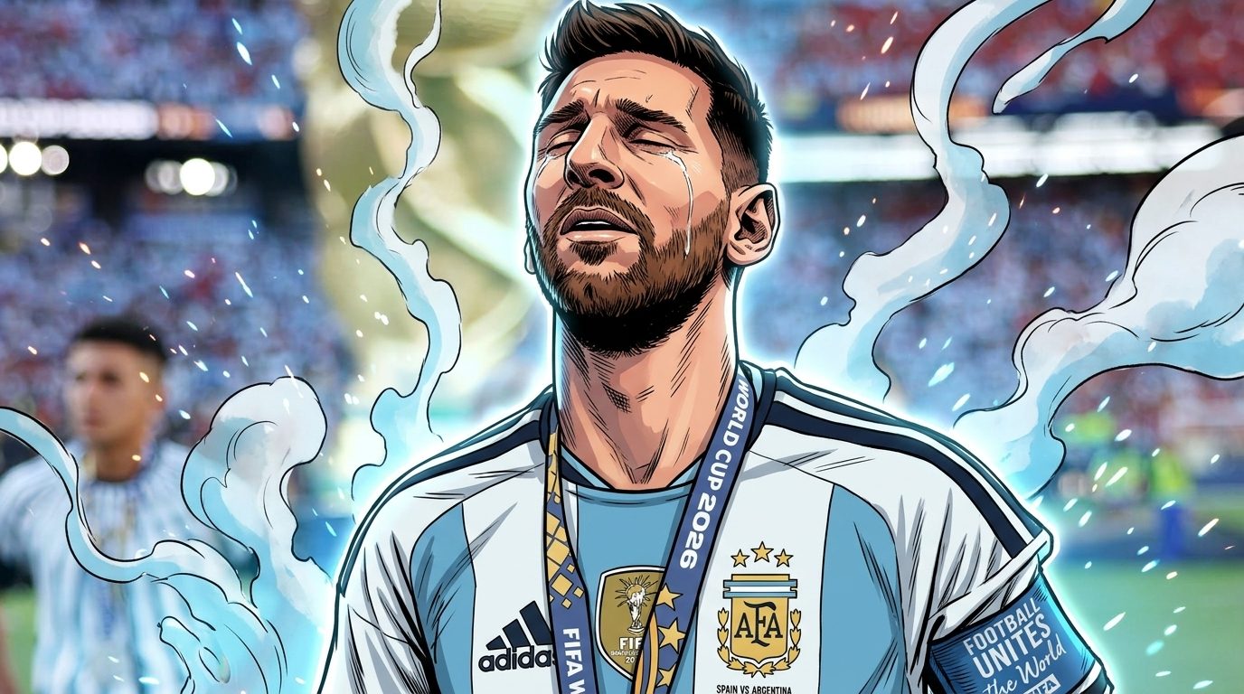 Comic-style illustration of Lionel Messi in an Argentina jersey and World Cup medal, eyes closed and head tilted back, geometric blue and white light streaks over a blurred stadium crowd and trophy backdrop