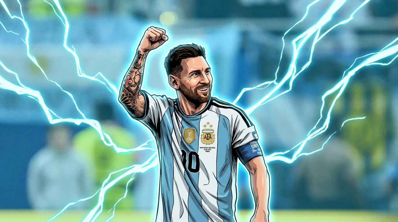Lionel Messi celebrating in comic book style with Argentina jersey and electric lightning effects