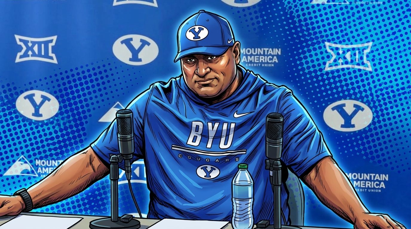 Comic-style illustration of BYU head coach Kalani Sitake seated at a press conference podium in a blue BYU Cougars shirt and cap, two microphones in front of him, blue Big 12 and Mountain America backdrop with a halftone dot effect