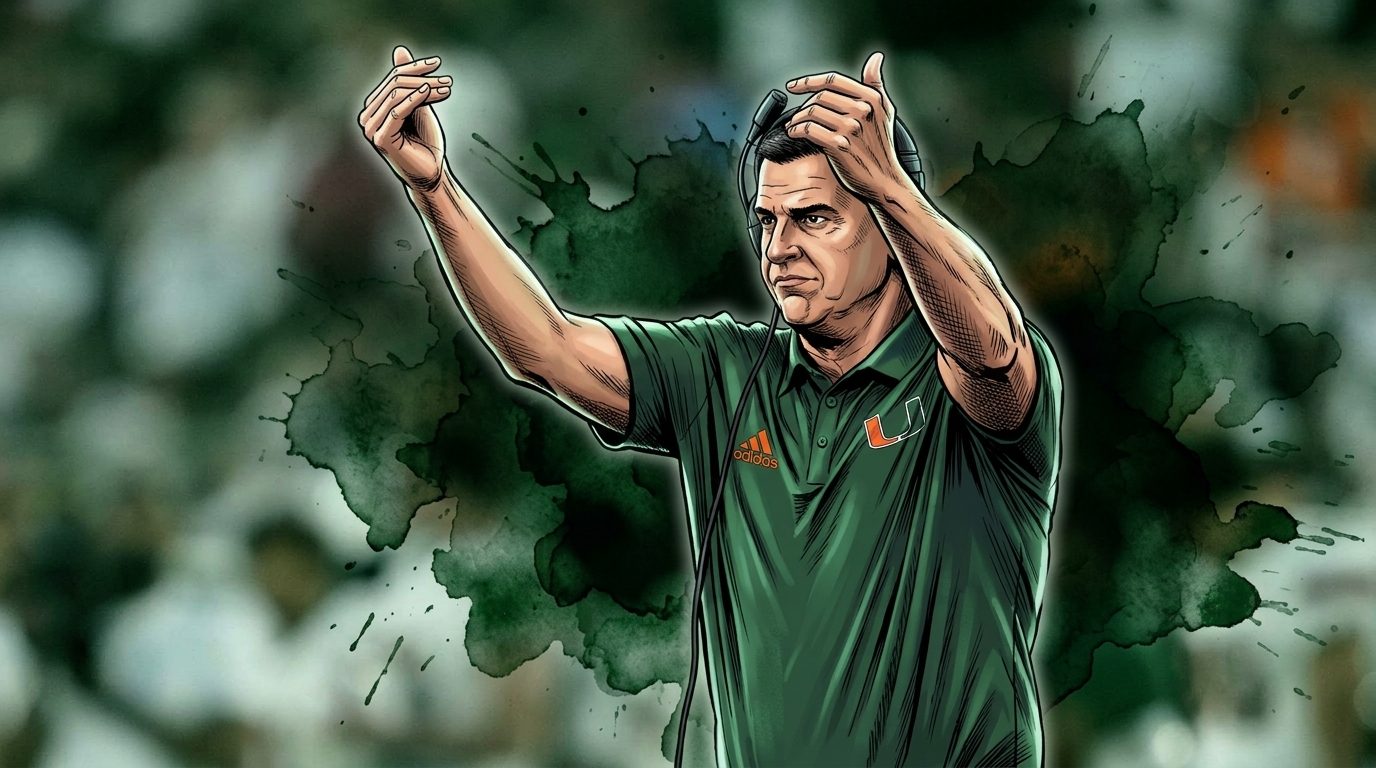 Comic-style ink wash illustration of Miami Hurricanes head coach Mario Cristobal in a dark green polo, clapping on the sideline, with a green watercolor-bleed effect over a stadium crowd background.