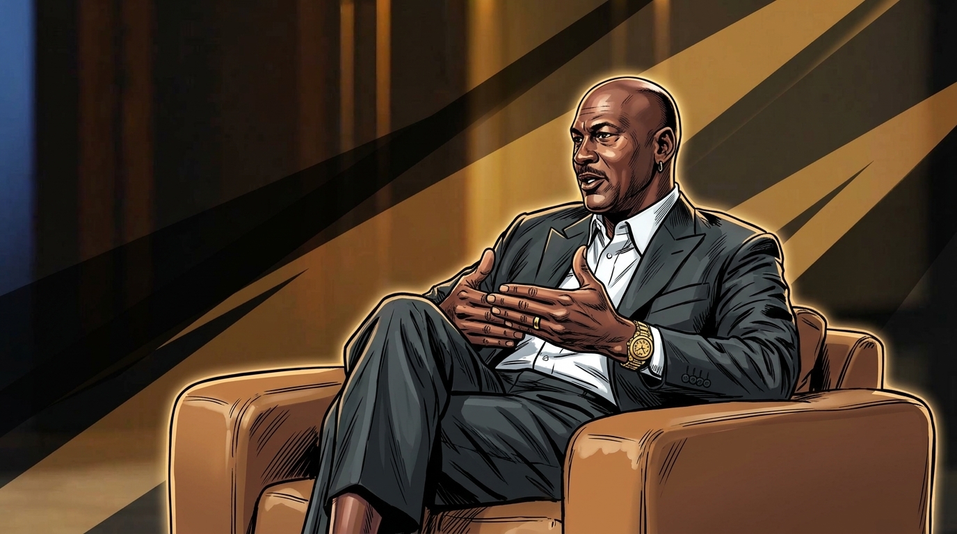 Comic-style illustration of Michael Jordan seated for his NBC interview in a dark suit and open-collar white shirt, gold and black geometric light streaks washing the wood-paneled set background