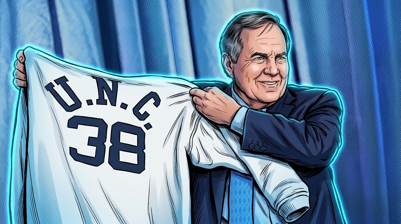 Comic-style illustration of Bill Belichick at a UNC press event, holding up a white U.N.C. 38 jersey, glowing cyan outline against a blue curtain backdrop