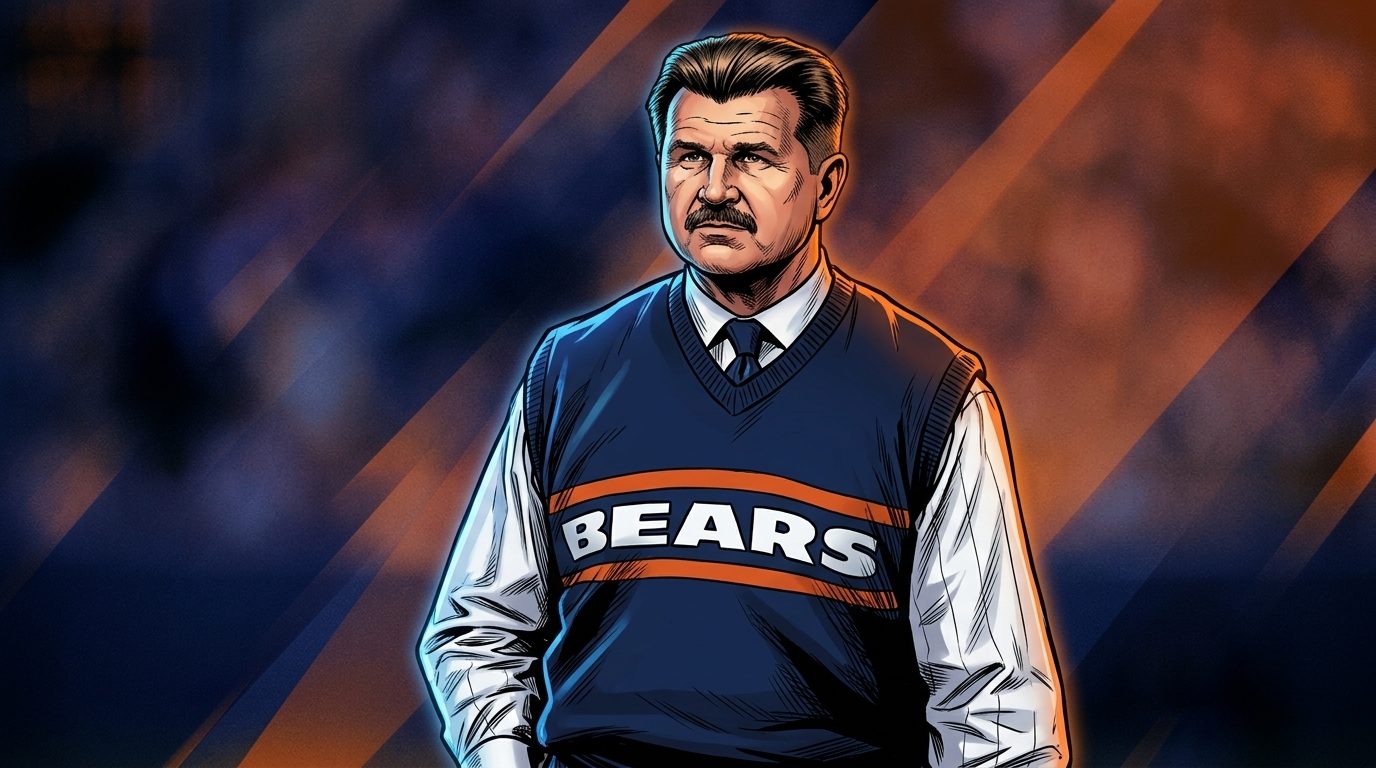 Mike Ditka in a navy Chicago Bears sweater vest illustrated in comic book style with geometric light streak effects