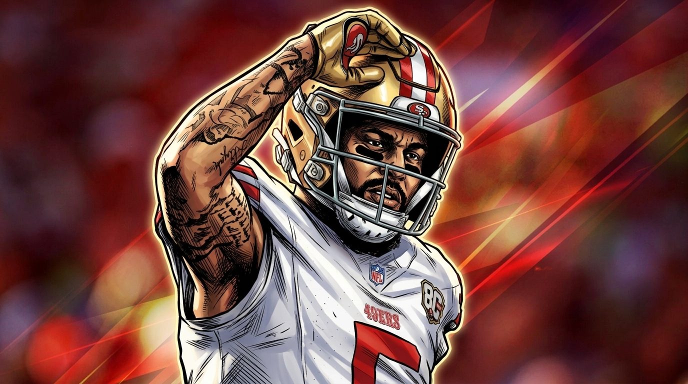 Comic-style illustration of Mike Evans in a white 49ers jersey with a geometric red light-streak effect over a blurred stadium crowd background