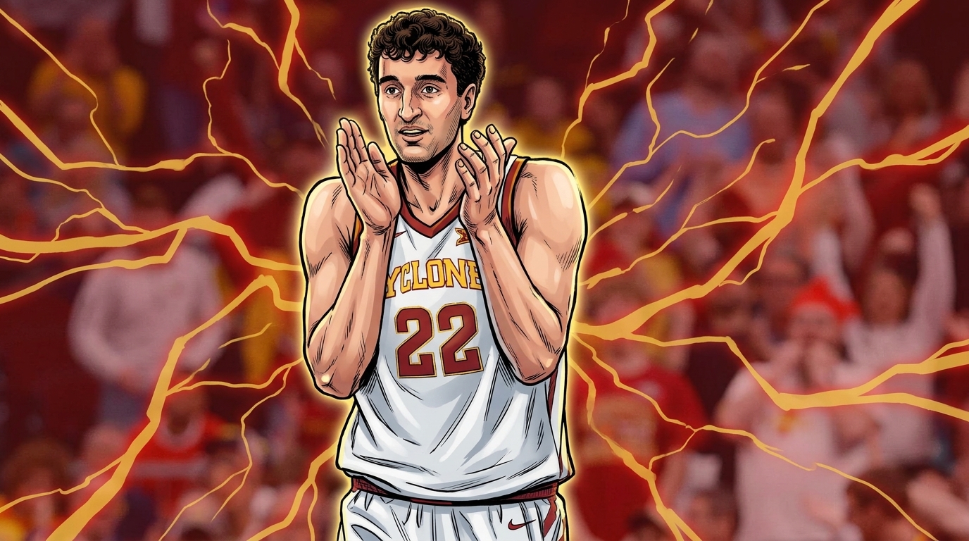 Milan Momcilovic clapping in his Iowa State jersey, illustrated in comic style with an electric-energy effect