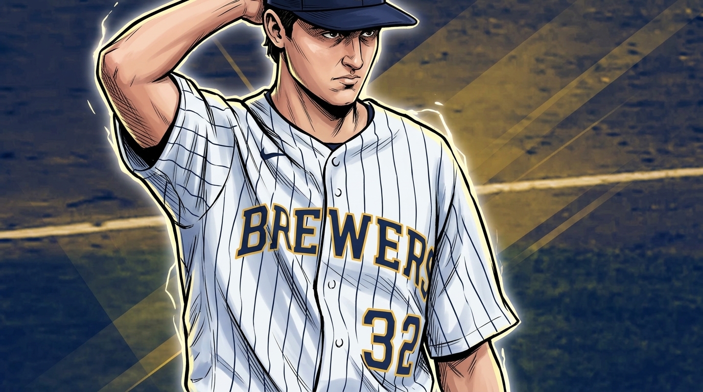 Jacob Misiorowski adjusting his cap in a Brewers pinstripe jersey, comic-book illustration with geometric light streaks effect — Swipe Sports