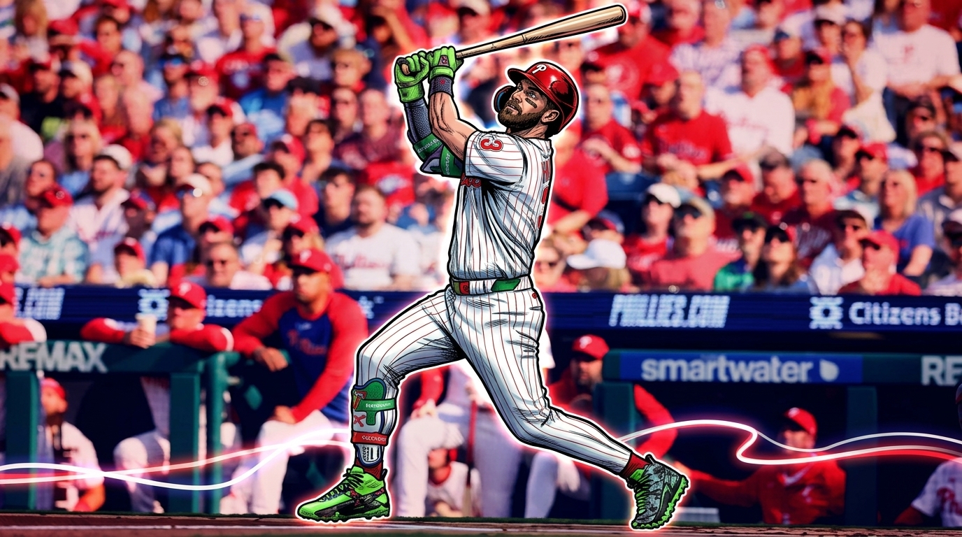 Bryce Harper follows through on a swing at Citizens Bank Park in comic book style with neon rim glow effect