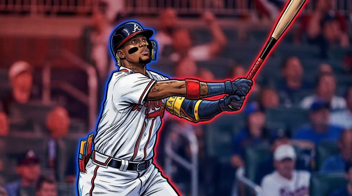 Comic-style illustration of Ronald Acuña Jr. in a neon rim-glow effect, mid-swing follow-through in Atlanta Braves home whites against a stadium crowd background