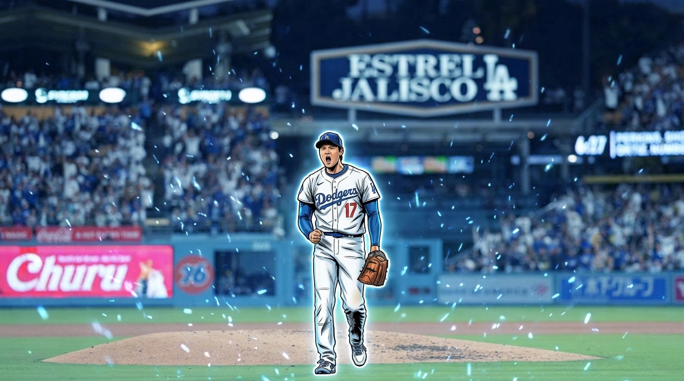 Comic-style illustration of Shohei Ohtani in a white Dodgers uniform fist-pumping on the mound at Dodger Stadium with a blue particle-field/floating-embers effect