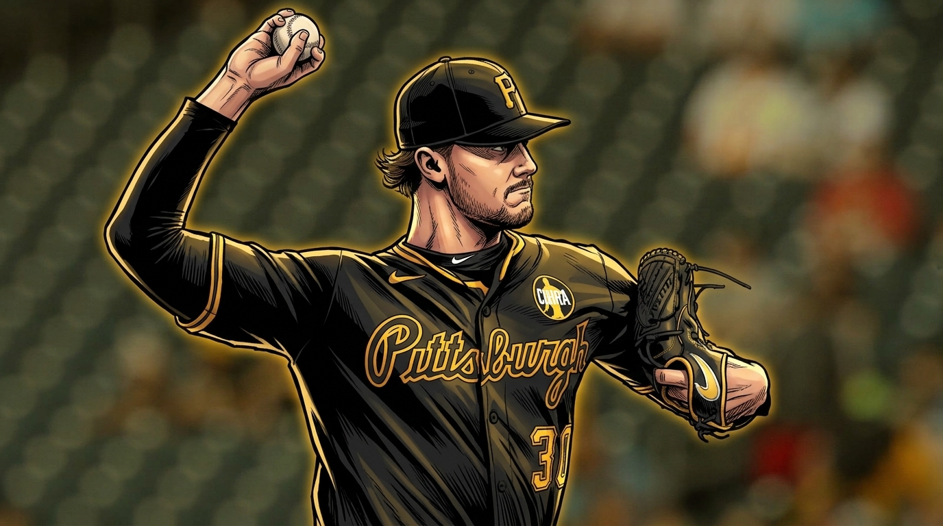 Comic-style illustration of Pittsburgh Pirates pitcher Paul Skenes mid-windup in his black and gold alternate jersey, bold ink outlines and a gold neon rim-glow effect against a stadium seating bowl background.