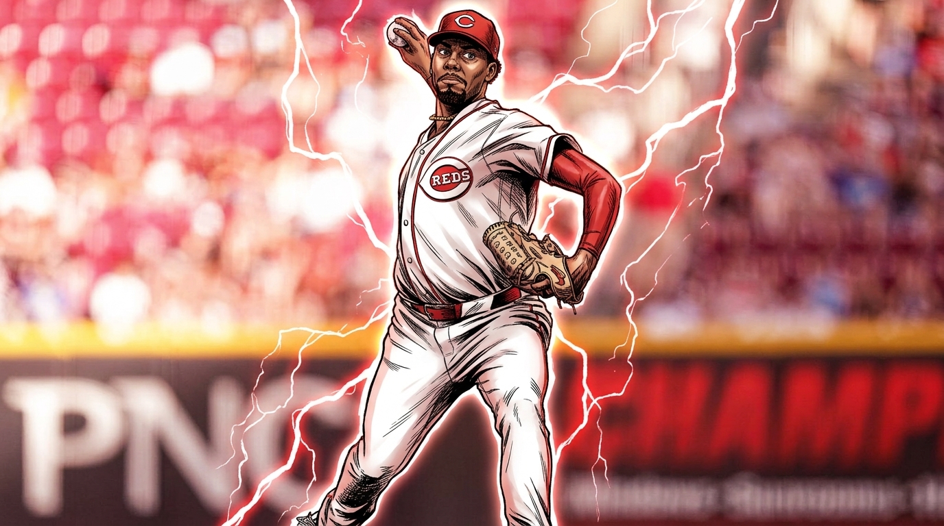 Hunter Greene, Cincinnati Reds pitcher, comic-style illustration mid-pitch with electric energy effect