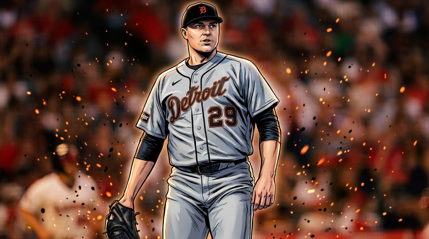 Tarik Skubal in comic book illustration style with orange particle-field and ember effect, wearing the Detroit Tigers road grey uniform