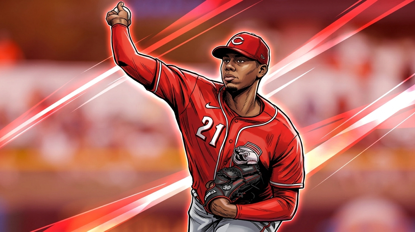 Hunter Greene in Marvel comic book illustration style mid-pitching-motion, red Reds jersey with white piping, red geometric light-streak effect, blurred stadium background