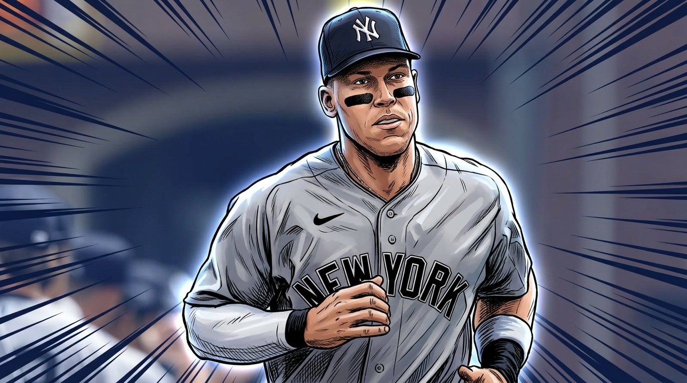 Aaron Judge in Marvel comic book illustration style running through the Yankees dugout tunnel, gray road jersey with navy 'NEW YORK' script, navy shockwave light-streak effect