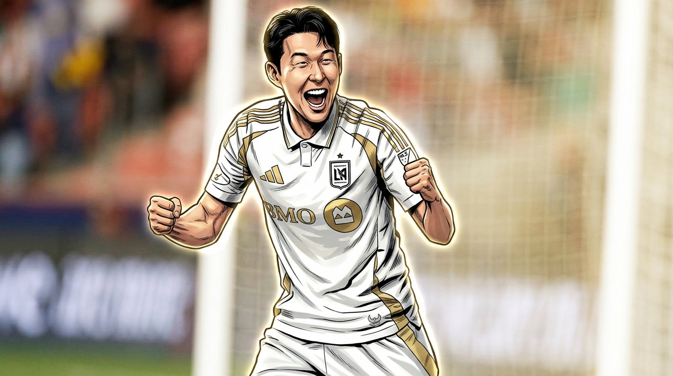 Son Heung-min celebrates in a white and gold LAFC away jersey, comic-style illustration with a neon rim glow effect against a blurred stadium goal-net background