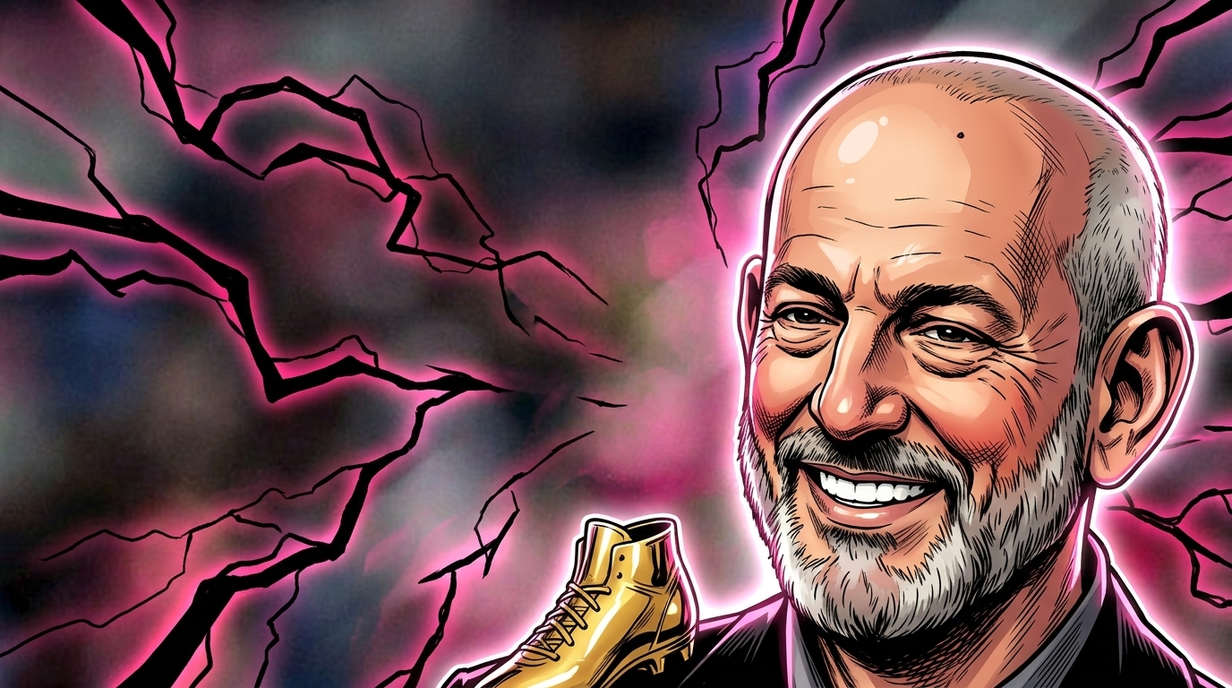 Comic-book style illustration of MLS Commissioner Don Garber holding the MLS Golden Boot trophy, pink and black electric energy effect
